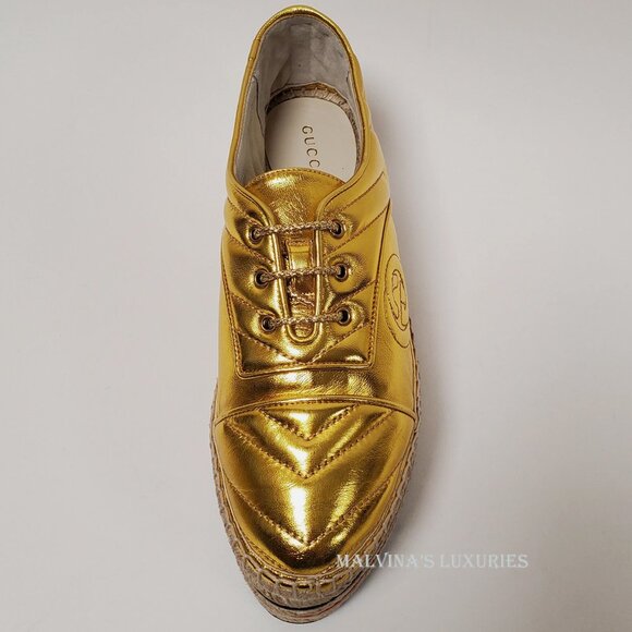 GUCCI SHOES PILAR GOLD LEATHER GG PLATFORM ESPADRILLE LACE-UP - Picture 3 of 13